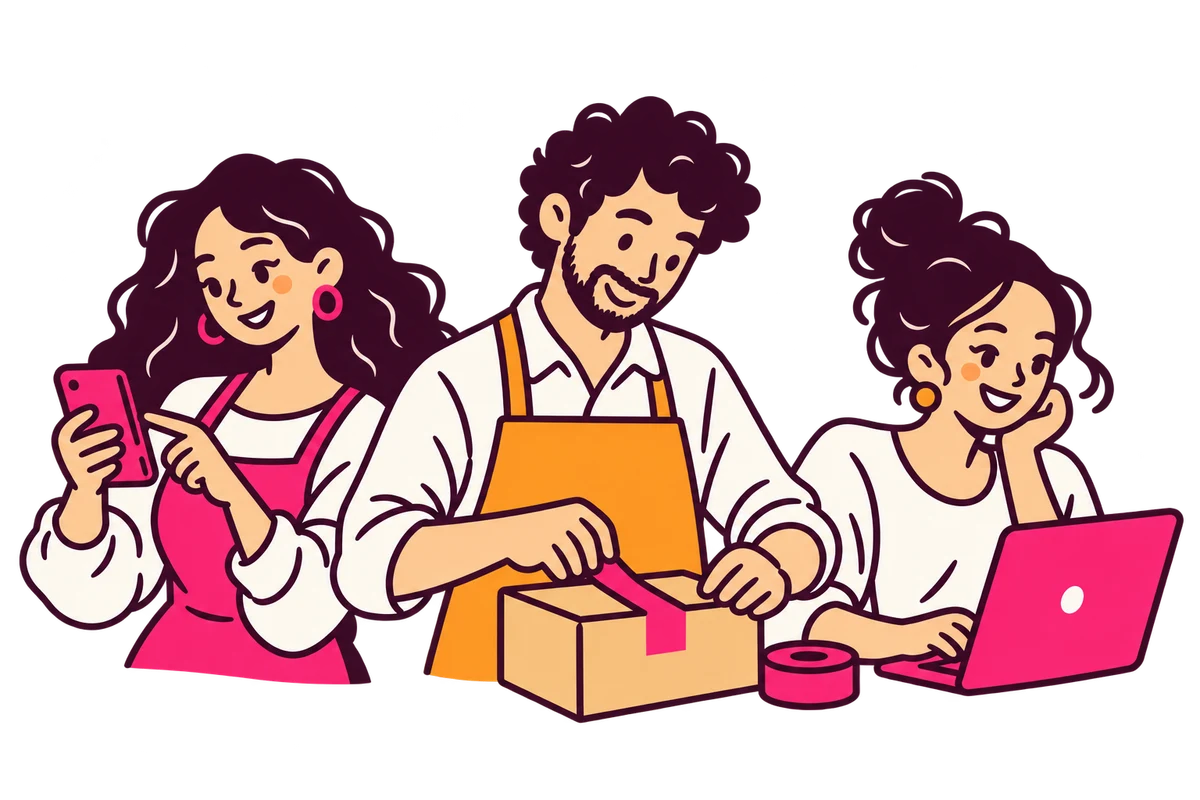 Comerciantes charlando con sus clientes, preparando pedidos y organizando su local.